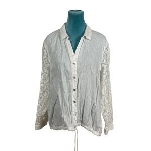 J.Jill White Linen Lace Sleeve Top‎ M Coastal Drawstring Button Up Cottagecore